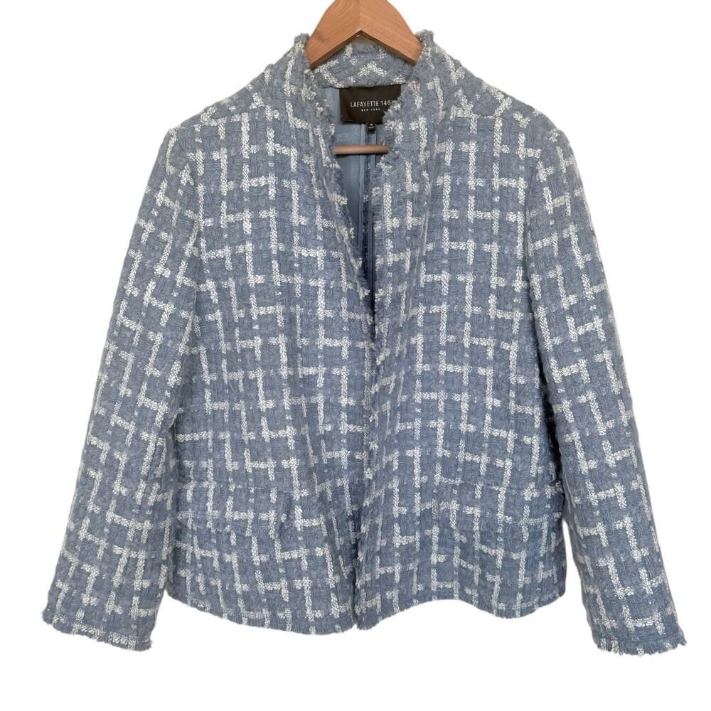 Lafayette 148 Wool/Mohair Open Jacket Blazer Blue Plaid Tweed Women's Size 14